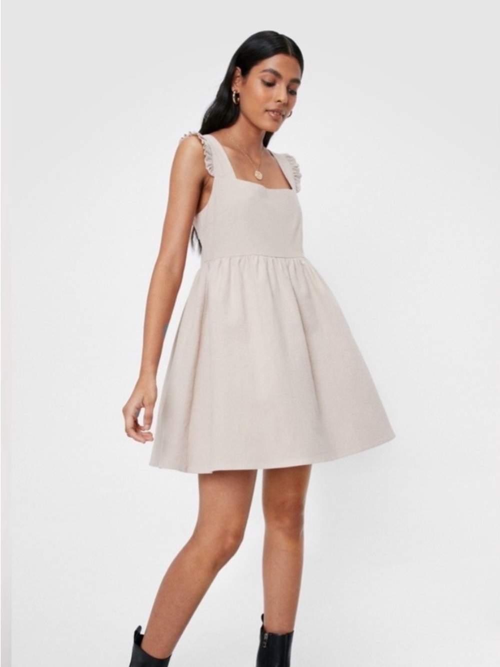Nasty Gal beige Square-Neck Ruffle Strap Mini babydoll cute Y2K cotton Dress